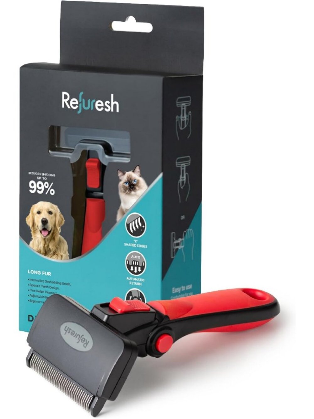 Deshedding Brush for Long-Haired Dogs & Cats | Red Pet Grooming Tool for